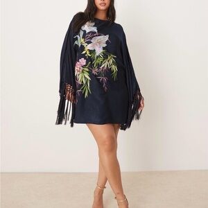 ASOS Navy Floral Mini Dress with Fringe Sleeves
